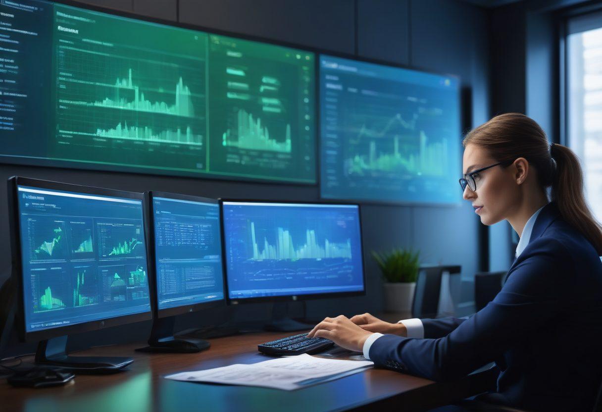 A confident individual reviewing financial documents at a modern desk, surrounded by digital security symbols like locks and shields. In the background, a visualization of a thriving graph symbolizes financial growth alongside images of safe identity practices. The color palette should be a mix of blues and greens to convey trust and security. super-realistic. vibrant colors.