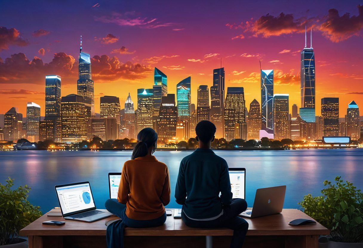A serene landscape depicting a digital shield protecting a family and their belongings, symbolizing security; a backdrop of a city skyline at dusk with glowing financial symbols like graphs and locks; warm, inviting colors to convey safety and peace of mind; the foreground features a confident individual using a laptop to manage finances. super-realistic. vibrant colors. 3D.