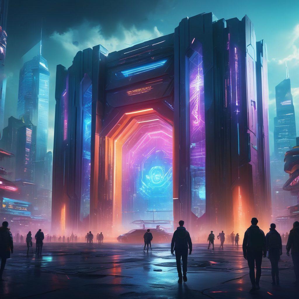 A digital fortress with a glowing shield surrounding a diverse group of people on their devices, symbolizing online safety. Add elements like padlocks, light beams, and encrypted data streams in a futuristic cityscape. Incorporate a sense of unity and protection, with bright, vibrant colors. cyberpunk. super-realistic.